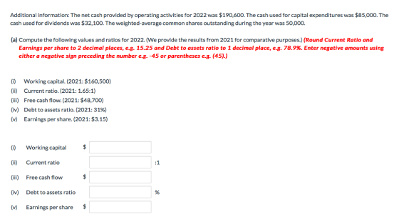 Additional information: The net cash provided by operating activities for 2022 was $190,600. The cash used for capital expend