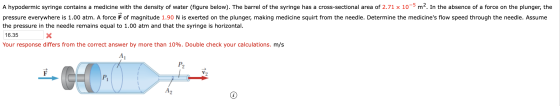 A hypodermic syringe contains a medicine with the density of water (figure below). The barrel of the syringe has a cross-sect
