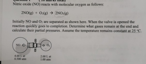 Nitric oxide (NO) reacts with molecular oxygen as follows: 2NO(g) O2(g) 2NO2(g) Initially NO and 02 are separated as shown he
