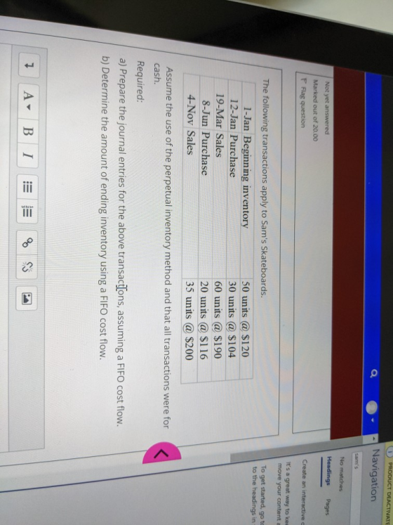 ( PRODUCT DEACTIVATE Navigation Sams No matches Headings Pages Not yet answered Marked out of 20.00 F Flag question Create a