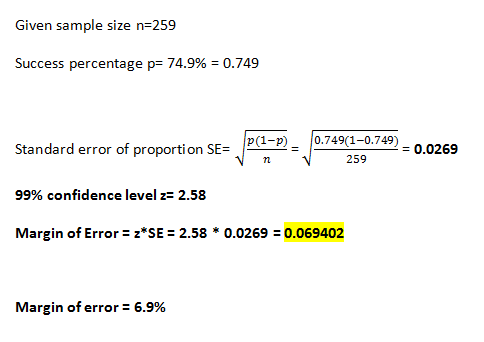 Given sample size n=259 Success percentage p= 74.9% = 0.749 P(1-p)_ 0.749(1-0.749) Standard error of proportion SE= 19) = 0.0