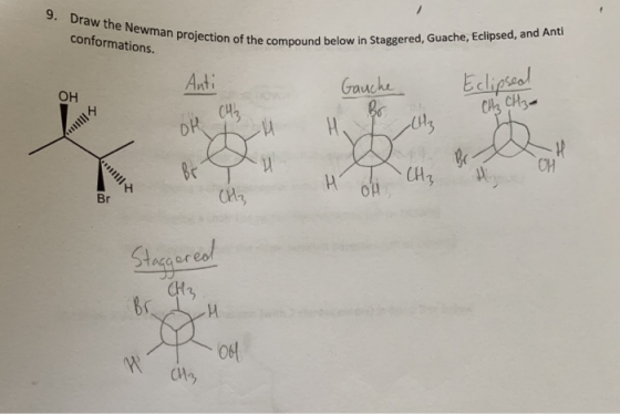 9. Draw the Newman projection of the conformations. Lion of the compound below in Staggered, Guache, Eclipsed, and Anti OH th