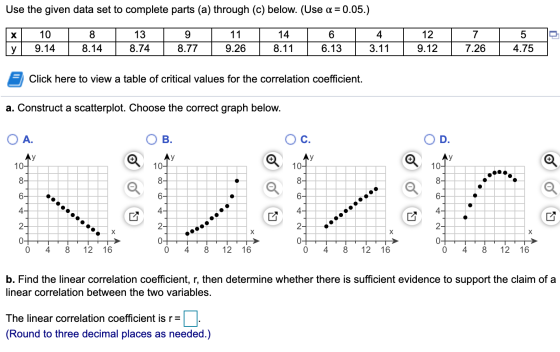 Use the given data set to complete parts (a) through (c) below. (Use a=0.05.) n х 10 9.14 8 8.14 13 8.74 11 9.26 14 8.11 6 6.