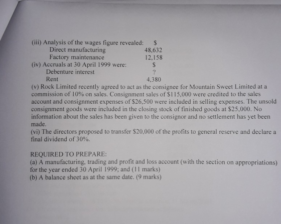 (iii) Analysis of the wages figure revealed: $ Direct manufacturing 48,632 Factory maintenance 12,158 (iv) Accruals at 30 Apr