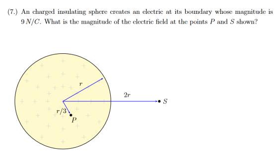 (7.) An charged insulating sphere creates an electric at its boundary whose magnitude is 9N/C. What is the magnitude of the e