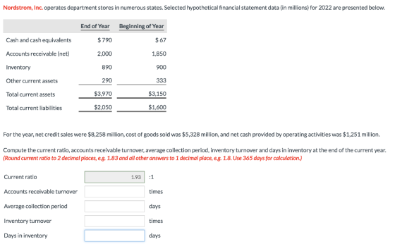Nordstrom, Inc. operates department stores in numerous states. Selected hypothetical financial statement data (in millions) f