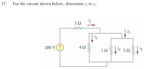 17. For the circuit shown below, determine i, to i 3Ω 040 200 V (+ 4Ω 1Ω