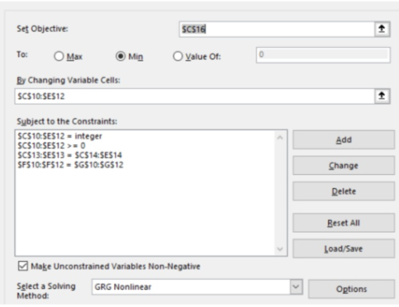 Set Objective SCS16 To: O Max O Min O Value of: By Changing Variable Cells: SCS10:SES12 Subject to the Constraints: SCS10: SE