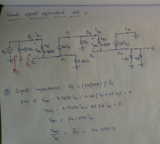 Small signal equivalent ckt :- G B 162 Bibco To.Gluk 125i62 © 26 ber 18.929k. E2. 1.5k @ Input impedance 29 = (6k||+0k) || Ry