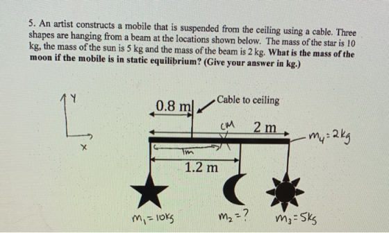 5. An artist constructs a mobile that is suspended from the ceiling using a cable. Three shapes are hanging from a beam at th