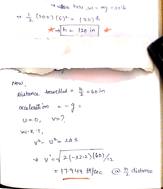 ache here, wang = 3016 { (200) (0)2 = (30) h * h = 120 in * Now , Distance trowelled = 4 = 60 in acceleration 2-9- UPO, V=? w