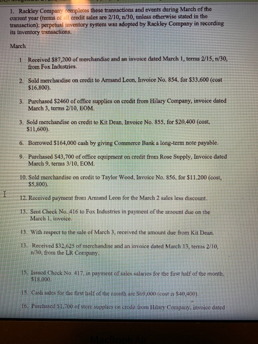 1. Rackley Company completes these transactions and events during March of the current year (terms of all credit sales are 2/