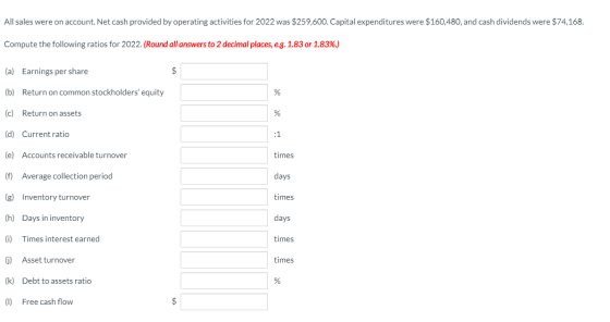 All sales were on account. Net cash provided by operating activities for 2022 was $259,600. Capital expenditures were $160,48