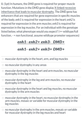 8. (1pt) In humans, the DMD gene is required for proper muscle function. Mutations in the DMD gene display X-linked recessive
