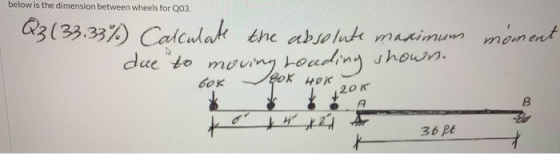 below is the dimension between wheels for Q03. Q3(33.33%) Calculate the absolute maximum moment due to moving for 40k como yo