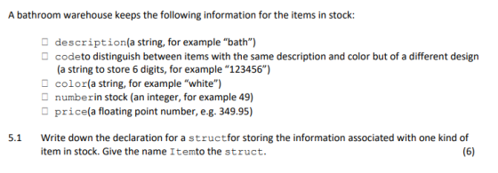 A bathroom warehouse keeps the following information for the items in stock: description(a string, for example bath) codeto