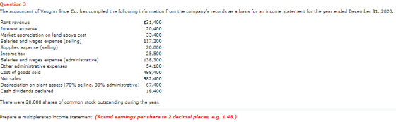 Question 3 The accountant of Vaughn Shoe Co. has compiled the following information from the companys records as a basis for
