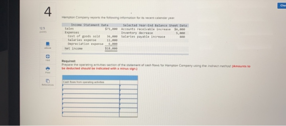 Hampton Company reports the following information for its recent calendar year Incone Statement Data Sales $71,020 Expenses C