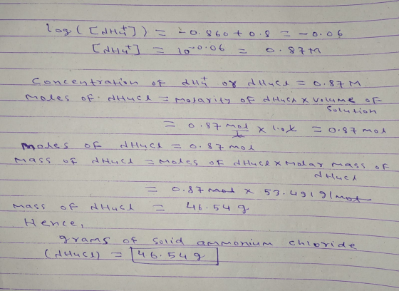log (ENHA]) = - [NHGT] = -0.860 t o.8 = -0.06 100.06 = 0.87th Concentration of dHJ of moles of Hucl = Molarity of Huct = 0.87