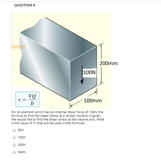 QUESTION 8 200mm 100N 100mm For an element which has an internal shear force of 100N, the formula to find the shear stress at