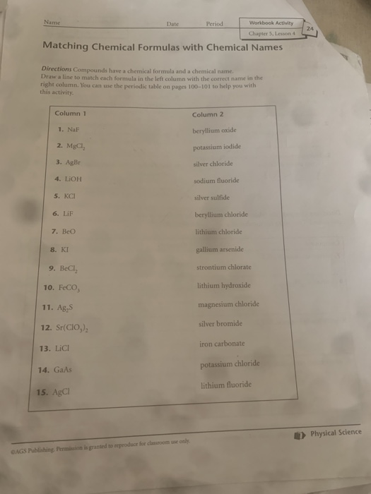 Name Date Period Workbook Activity Chapter 5. Lesson 4 Matching Chemical Formulas with Chemical Names Directions Compounds ha