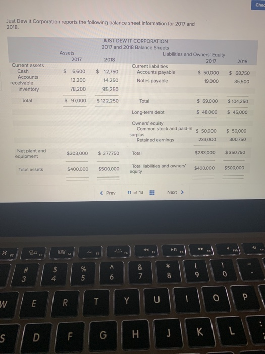 Just Dew It Corporation reports the following balance sheet information for 2017 and 2018 Assets 2017 Current assets Cash Acc