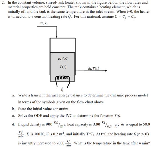 2. In the constant volume, stirred-tank heater shown in the figure below, the flow rates and material properties are held con