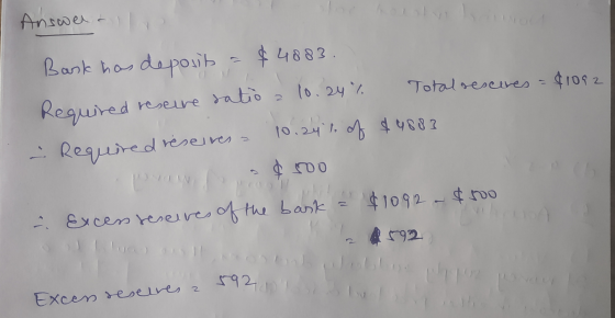 Answer - $1092 Bask has deposit - $4883 10.24% Required rescure satioa Totalresceres - Required reserves 10.241. of $4887 &