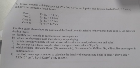 3. Silicon samples with band-gas 1.1 eV at 300 Kelvin, are doped at four different levels and have the properties listed belo