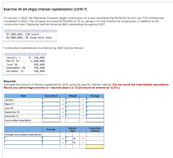 Exercise 10-24 (Algo) Interest capltallzation [LO10-7] On January 1, 2021. the Highlands Company began construction on a new
