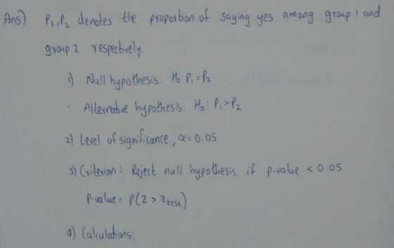 Ans) P.f denolesepoporbon of seying yes amang grup nd 91Dap ond 2) level of sig.Aconce, α+0.os test 4 Calrulab ons