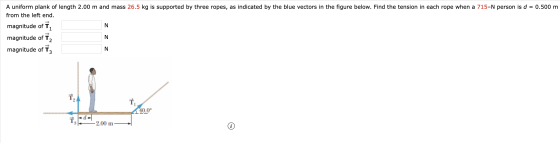 Z A uniform plank of length 2.00 m and mass 26.5 kg is supported by three ropes, as indicated by the blue vectors in the figu