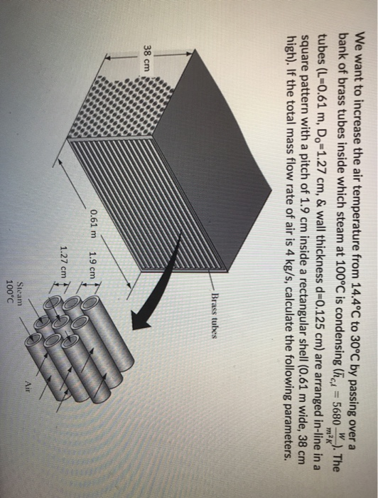 We want to increase the air temperature from 14.4°C to 30°C by passing over a bank of brass tubes inside which steam at 100°C