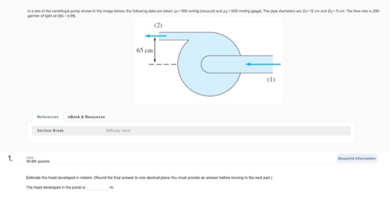 In a test of the centrifugal pump shown in the image below the following data are taken: p=100 mmHg Vacuum) and p2-500mmig la