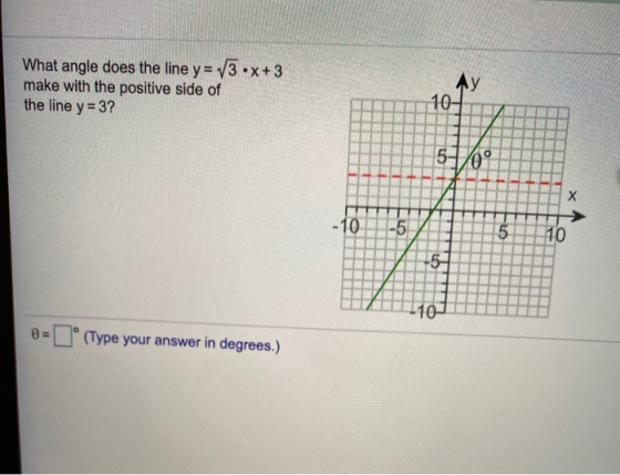 What angle does the line y = 13.x+3 make with the positive side of the line y = 3? AY 10- 51/0° х - 10 -5 5 10 -5 -10 0= (Typ
