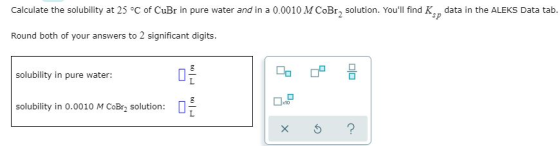 Calculate the solubility at 25 °C of CuBr in pure water and in a 0.0010 M CoBr, solution. Youll find Ksp data in the ALEKS D