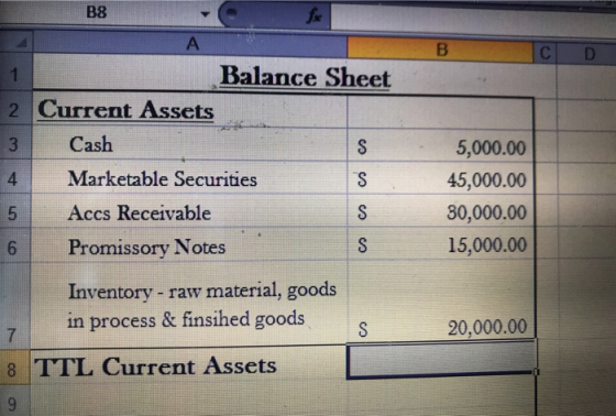 B8 SHA C D 1 on WN Balance Sheet Current Assets Cash Marketable Securities Accs Receivable Promissory Notes an cs cs 5,000.00