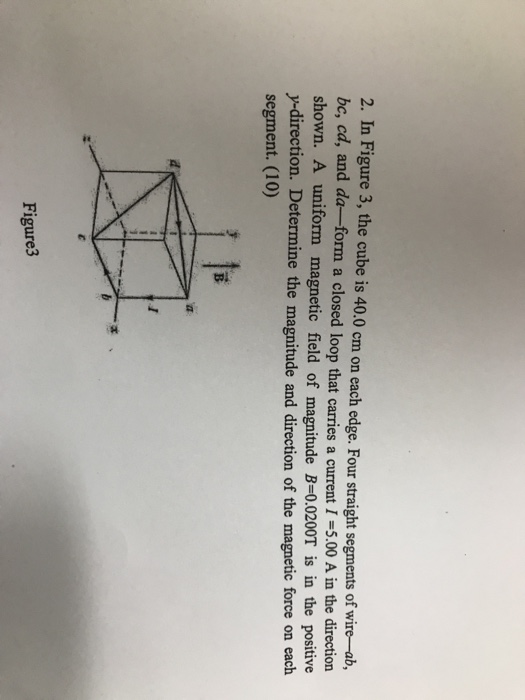 2. In Figure 3, the cube is 40.0 cm on each edge. Four straight segments of wire-ab, bc, cd, and da-form a closed loop that carries a current I -5.00 A in the direction shown. A uniform magnetic field of magnitude B-0.0200T is in the positive y-direction. Determine the magnitude and direction of the magnetic force on each segment. (10) Figure3