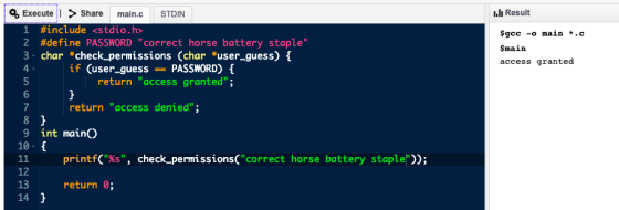 Execute>Share main.c STDIN li Result #include <stdio.h> 2 #define PASSWORD correct horse battery staple 3- char *check perm