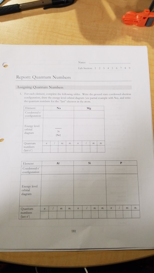 Lab Section 1 2 3 4 5 6 7 8 9 Report: Quantum Numbers Assigning Quantum Numbers 1. For each element, complete the following t