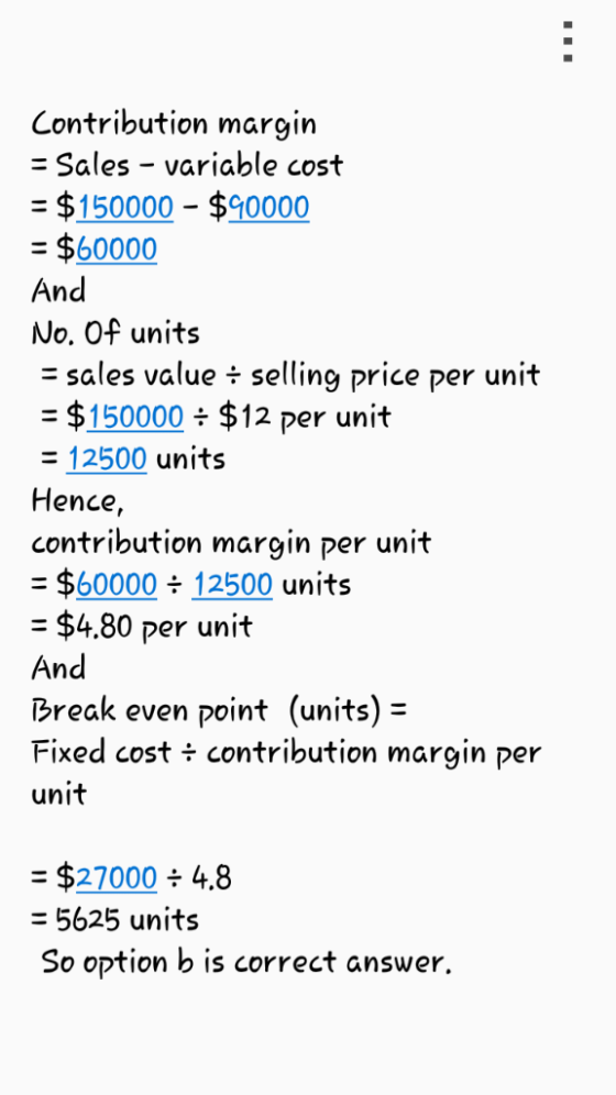 Contribution margin Sales -variable cost $150000 $0000 $60000 And No. Of units value selling price per u sales $150000 $12 pe