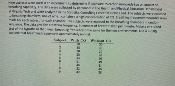 Nine subjects were used in an experiment to determine if exposure to carbon monoxide has an impact on breathing capability. T