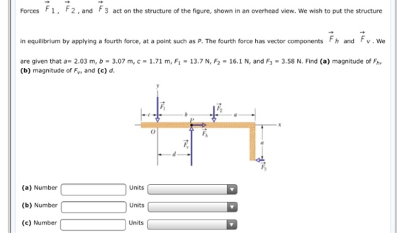 Forces F1, F2,and F3 act on the structure of the figure, shown in an overhead view. We wish to put the structure in equilibrium by applying a fourth force, at a point such as P. The fourth force has vector components h and r v . We are given that a 2.03 m, b 3.07 m,c1.71 m, F1 -13.7 N, F2 16.1 N, and F3 3.58 N. Find (a) magnitude of Fh (b) magnitude of Fv, and (c) d (a) Number (b) Number (c) Number Units Units Units