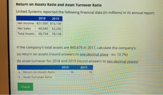Return on Assets Ratio and Asset Turnover Ratio United Systems reported the following financial data (in millions) in its ann