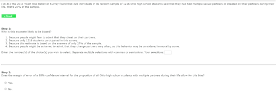 (18.31) The 2013 Youth Risk Behavior Survey found that 326 individuals in its random sample of 1216 Ohio high school students