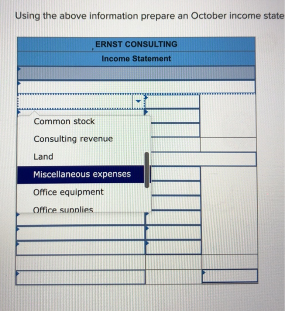 Using the above information prepare an October income state ERNST CONSULTING Income Statement Common stock Consulting revenue