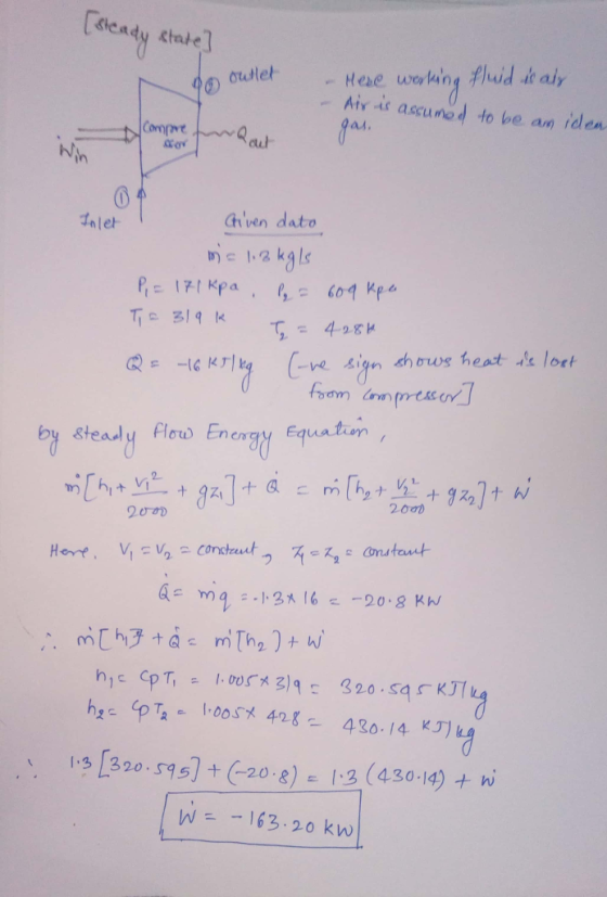 State Aty is ascunod to be am iden aィ V) hven dato by steaddu flow Enengy Equation 20a) mmq 1216 20.8 K 1.3 [320 . s9s] + (-208)e l·3(430-14) W163.20 kw :