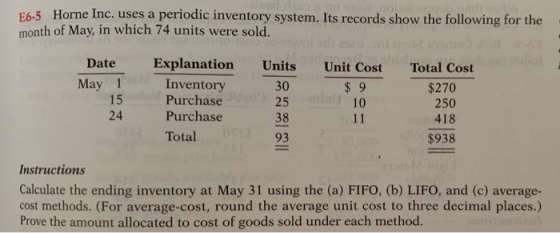 56.5 Horne Inc. uses a periodic inventory system. Its records show the following for the month of May, in which 74 units were