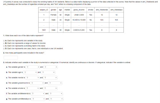 (15 points) A survey was conducted to study the smoking habits of UK residents. Below is a data matrix displaying a portion of the data collected in this survey. Note that the values in amt_Weekends and amt_Weekdays are the number of cigarettes smoked per day, and NIA refers to a missing component of the data. subject IDgenderagemaitalgross_Income smokeatWeekends amt_Weekdays Female 42SingleUnder 2,600 Yes 12 12 Male 44 Single 10,400 to 15,600 No NIA NIA 1691 Male 40 Single 2,600 to 5,200Yes 1. What does each row of the data matrix represent? O A. Each row represents one variable in the study B. Each row represents a range of values for income C. Each row represents a smoking habit in the study D. Each row represents one case, that is. one individual or one UK resident. 2. How many participants were included in the study? 3. Indicate whether each variable in the study is numerical or categorical. If numerical, identify as continuous or discrete. If categorical, indicate if the variable is ordinal. a. The variable gender is? b. The variable age is? c. The variable marital is? d. The variable grossIncome is? e. The variable smoke is and? and? and ? and ? and ? f. The variable amtWeekends is? and ? g. The variable amtWeekdays is? and2