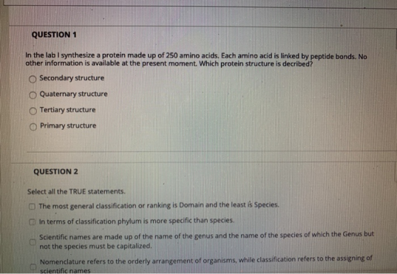 QUESTION 1 In the lab I synthesize a protein made up of 250 amino acids. Each amino acid is linked by peptide bonds. No other